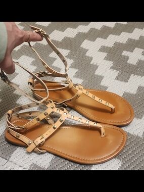 Women's Tan Studded T-Strap Sandals with Ankle Wrap
